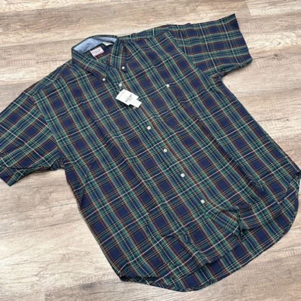 Vintage NWT Bugle Boy Men's Tartan‎ Plaid Short Sleeve Button Down Shirt Blue XL